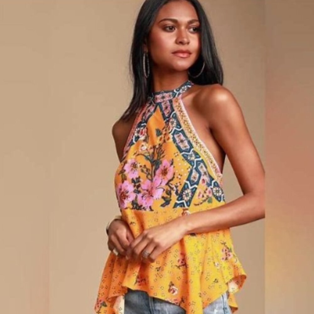Free People New Wave Yellow💐Floral Halter 🌸Top M MSRP $108 Boho🆕📦⌚🏃💨⚡🚚 - Picture 4 of 16